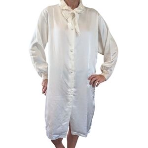 Vintage Blanche Satin Bow Neck Nightgown Robe Lace Collar Cuffs Ivory S